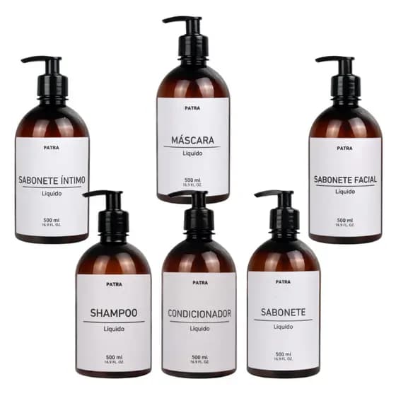 kit Banho Frasco Âmbar 6pçs Shampoo Condicionador Sabonete líquido, íntimo, facial e máscara Dispenser 500ml