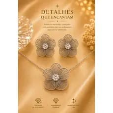 ✨Conjunto Colar  Brinco Flor Dourado e Prateado Feminino com Strass Cristal Semijoia Elegante ✨