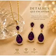 Conjunto Colar e Brinco Feminino Gota Pedraria  lilas escuro roxo com Strass e Cristal Semijoia Elegante