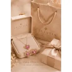 Conjunto Semi Joia Prateado Colar e Brinco Coração Pedra Rosa Feminino Elegante