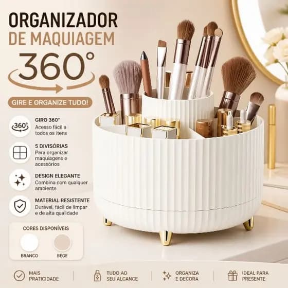 Organizador de Pincel e Maquiagem Giratório 360° Porta Cosméticos  Bancada Banheiro e Penteadeira