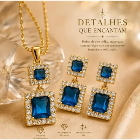 ✨ Conjunto Colar e Brinco Feminino Retangular Pedraria Azul  com Strass e Cristal Semijoia Elegante ✨