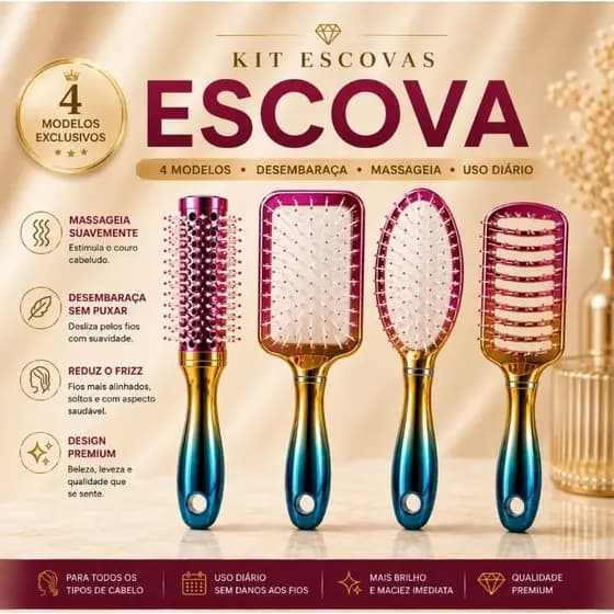 Kit Escova Cabelo 1/4 Peças Profissional Desembaraçante Secagem Modelagem