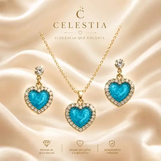 Conjunto Semi Joia Dourado Colar e Brinco Coração Pedra Azul Strass Feminino Elegante