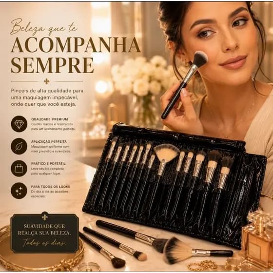 Estojo  Pincéis de Maquiagem Profissional com 12 Pincéis | Kit Completo Organizador Dobrável Preto Bolsa Mala Viagem