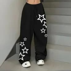 Calça Moletom Wide Leg Unissex Streetwear Larga Flanelada Com Estampa de Estrelas Destacadas baggy