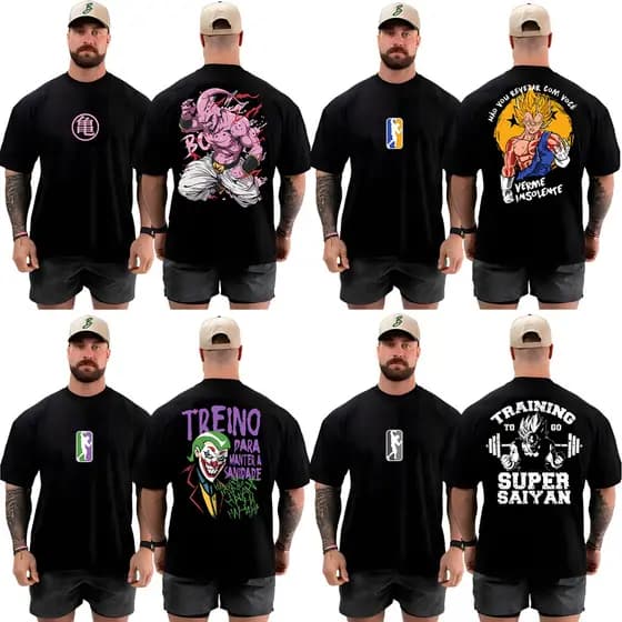 Kit com 4 Camisetas Camisas Oversized Top para Academia Treino Streetwear 100% Algodão