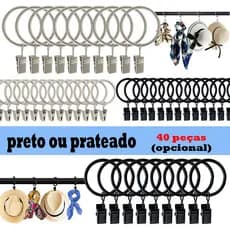 Anéis de aço planos para cortinas, conjunto de 40, com clipes, para hastes de cortina de até 4 cm - Preto / Prata