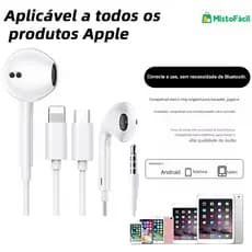 Fone Com Fio Stereo (com mic) para iPhone (Lightning/15-16 Type-C) e Android, compatível com Lightning/Type-C/3.5mm