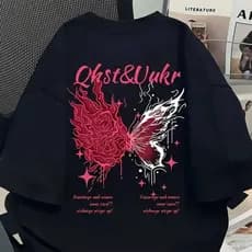 Camiseta Feminina Masculina Butterfly Flames Rosa Vermelho Manga Curta Streetwear T-shirt