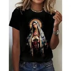 Camiseta IMAGEM DE MARIA C/ ROSA NA MÃO Feminina Unissex Camisa Feminina Masculina Cristão Catolico
