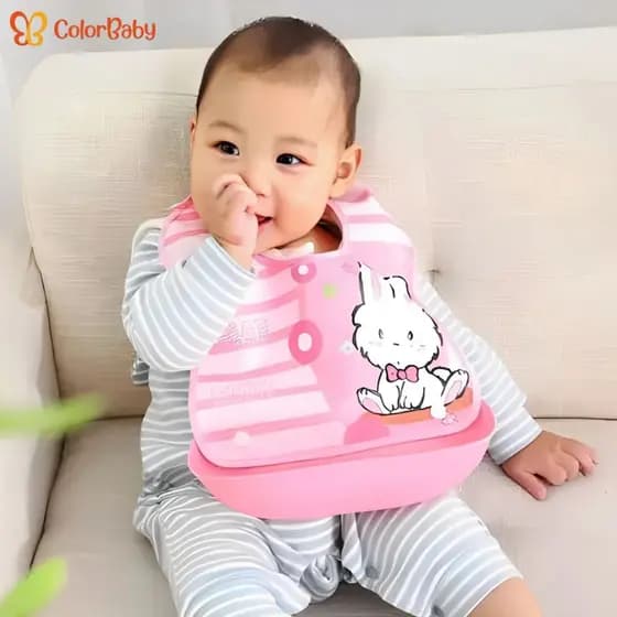 Babador de Silicone p/ Bebê - Impermeável, Ajustável - Modelo c/ Cata-migalhas Removível - ColorBaby