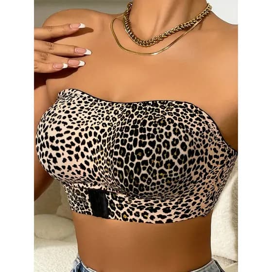 Sutiã feminino sem alças com estampa de leopardo, cor sólida sem costura, com almofada removível no peito, fechamento de