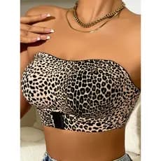 Sutiã feminino sem alças com estampa de leopardo, cor sólida sem costura, com almofada removível no peito, fechamento de