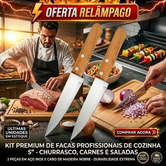 Kit 2 peças Faca de Cozinha Aço Inox Cabo de Madeira 5´´ Carne Salada Legumes Churrasco
