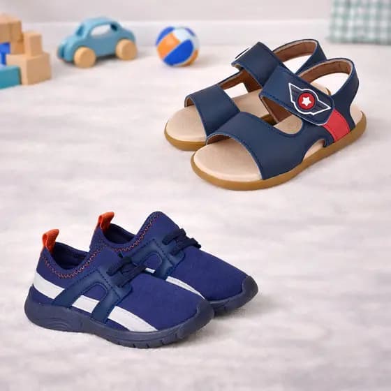 Kit 2 Pares Tenis Infantil Calce Facil Menino e Sandalia Papete Velcro Leve Conforto Antiderrapante