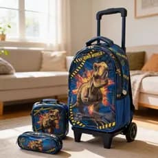 Kit Mochila de Rodinhas Infantil com Estojo Lancheira Dinossauro World Bolsa Completo Volta as Aulas