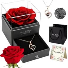 Caixa de Presente Rosa Flor Eterna Preservada E Colar Refletor Eu te amo em 100 idiomas Colar Feminino Presente de Natal