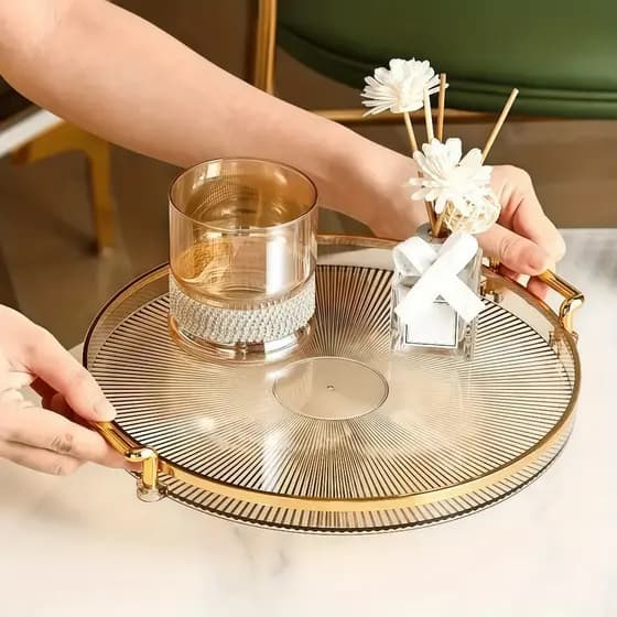 Bandeja Organizadora Decorativa Multiuso Para Servir Nórdica Com Alça e Detalhe em Dourado Decoração de Mesa