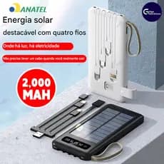 Carregador Portátil 20000mah, Painel Solar, 5 Cabos em 1 e LED Iluminação