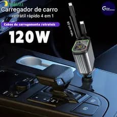 Carregador Retrátil para Veículo 180° Ajustável 4 em 1 com Cabo Extensível e LED para iPhone Android