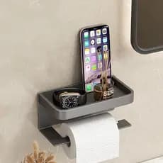 Suporte De Papel Higiênico Preto E Para Celular Com Adesivo