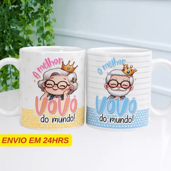 KIT 2 Canecas Personalizadas - Melhor Vovô e Vovó do Mundo - Porcelana 325Ml Presente Vó e Vô Caneca vovô Caneca Vovó