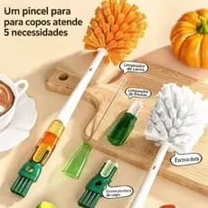 1/2Escova de Limpeza 5 em 1 com Cabo Longo – Cabeça Removível, Limpeza 360° para Copos e Canudos
