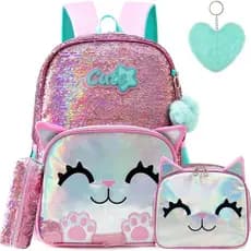Mochila escolar fofa para meninas, rosa com estampa de gatinho, conjunto infantil com lantejoulas, mochila para livros