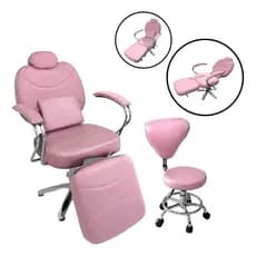 Cadeira Barbeiro Reclinável Hidráulica Importway com Mocho e Descanso Rosa