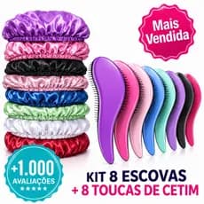 Kit 8 Toucas de Cetim + 8 Escovas Mágicas Antifrizz | Proteção e Definição dos Cachos