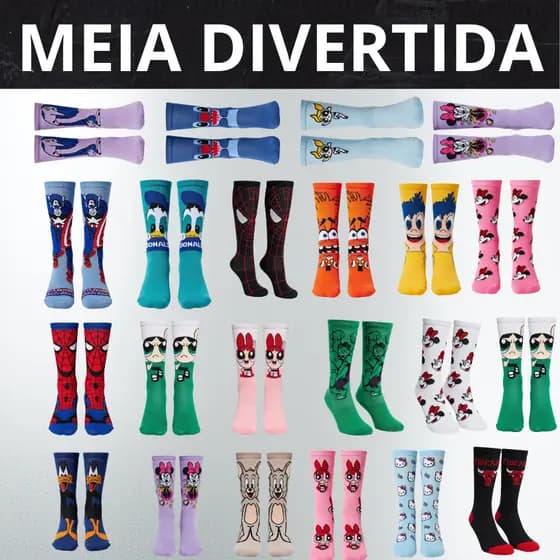 Meia Cano Alto Estampada Diveridita Personagens Heróis Algodão Academia Meia Maluca Tematica Unissex