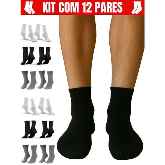 Kit 12 Pares Meias Feminina ou Masculina Cano Alto Longo Médio Algodão 33-37 ou 38-44