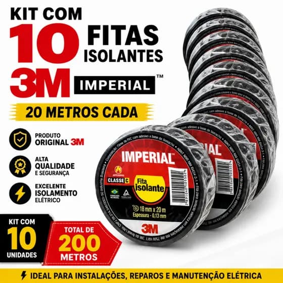 Kit 10 Unidades Fita Isolante 3m Imperial 20m Original Preta