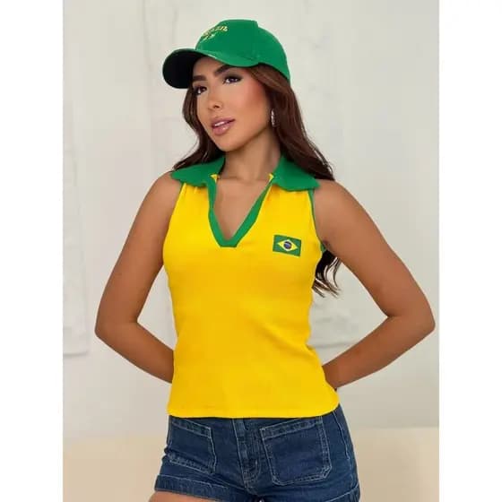 Regata Polo Brasil Core Verde Amarelo Copa do Mundo Básico dia a dia Casual Essencial