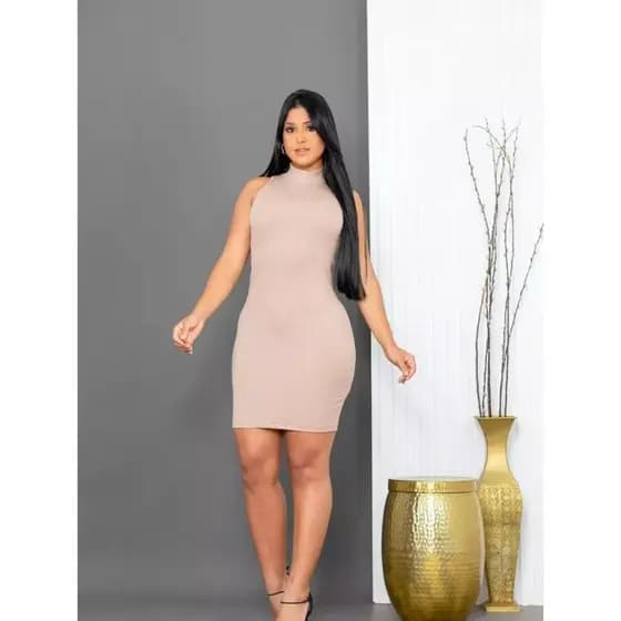 vestido curto Regata gola alta de malha canelado justo ao corpo sem mangas casual