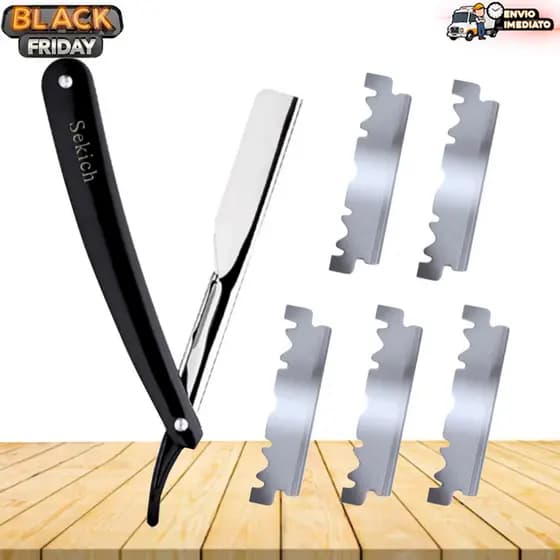 Kit Navalha Navalhete Profissional Barbeiro + Lâminas Aço Inox Acabamento Barba Sobrancelha
