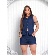 Conjunto Jeans Feminino Collen Verão – Short Cintura Alta e Colete Premium