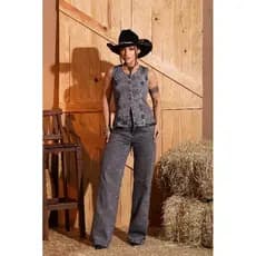 Conjunto Jeans Feminino Verão Calça Wide Leg e Colete Decote em V