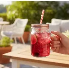 Caneca Copo Vidro  Retrô Vintage 500 ML Com Alça Tampa e Canudo Tampas De Frutas  Drink Suco Festa..