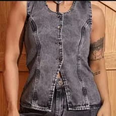 Colete jeans feminino Azul Claro e Preto Marmorizado  Linha Premium Do P ao G1