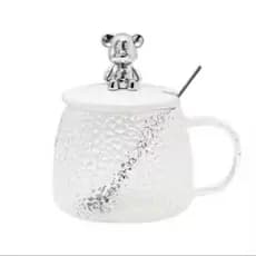 Açucareiro Caneca Copo De Vidro Texturizado 400ML Tampa De Ursinho Acompanha colher Decor Sua mesa..