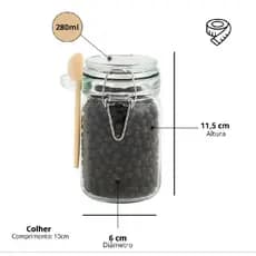 Pote De Vidro Hermético Premium Tampa Trava e Silicone de Vedação Acompanha Colher de Bambu 280 ML.