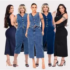 Conjunto Jeans Feminino com Colete e Saia Longa  Fenda Elegante Casual  Linha Premium  Do P ao G2