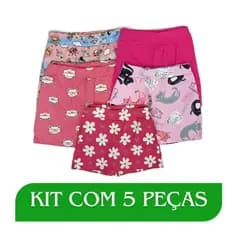 Kit 5 Shorts Saia Infantil Escolar Juvenil em Cotton Liso e Estampados Meninas Tam 1 Ao 16