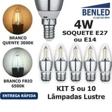 Kit 5 10 Lâmpada Vela Led 4w P/ Lustre Soquete E27 ou E14 Branco Quente/Frio Luz Led Bivolt Inmetro