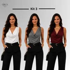 Kit 3 Blusa Regata Feminina Degagê Gola Boba Suplex Premium Drapeada Elegante