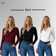 Kit 3 Blusa Feminina Manga Longa Gola Boba Degagê Suplex Premium Elegante