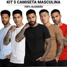 KIT 5 ou 1 Unidade Camiseta Lisa Masculina e Feminina 100% Algodão Slim Premium Básica Casual