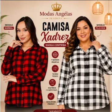 Blusa Camisa Feminino Xadrez Social Manga Longa Elegante Com Botões Tecido Estilosa(M G GG G1 G2 G3)